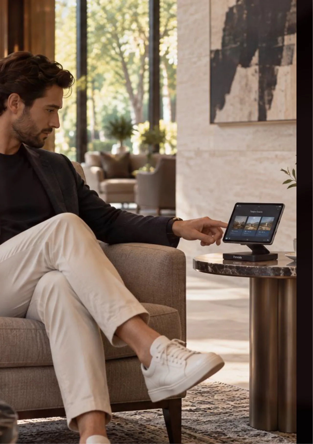 A guest sitting in a lounge armchair, reaching out to a Formula display on a marble side table.