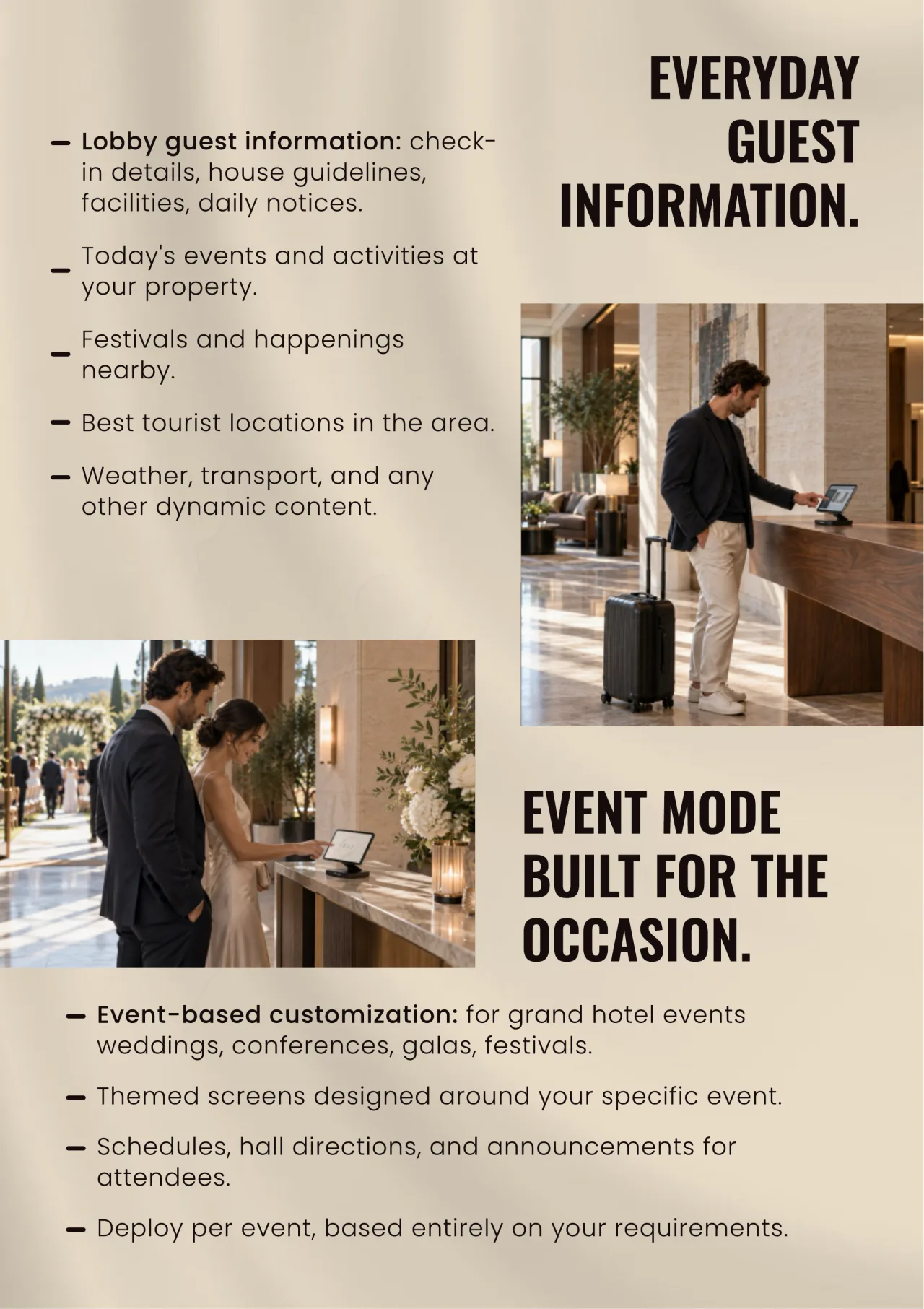 Everyday guest information and event mode: a guest at a reception counter, and a couple at a wedding beside a Formula display.