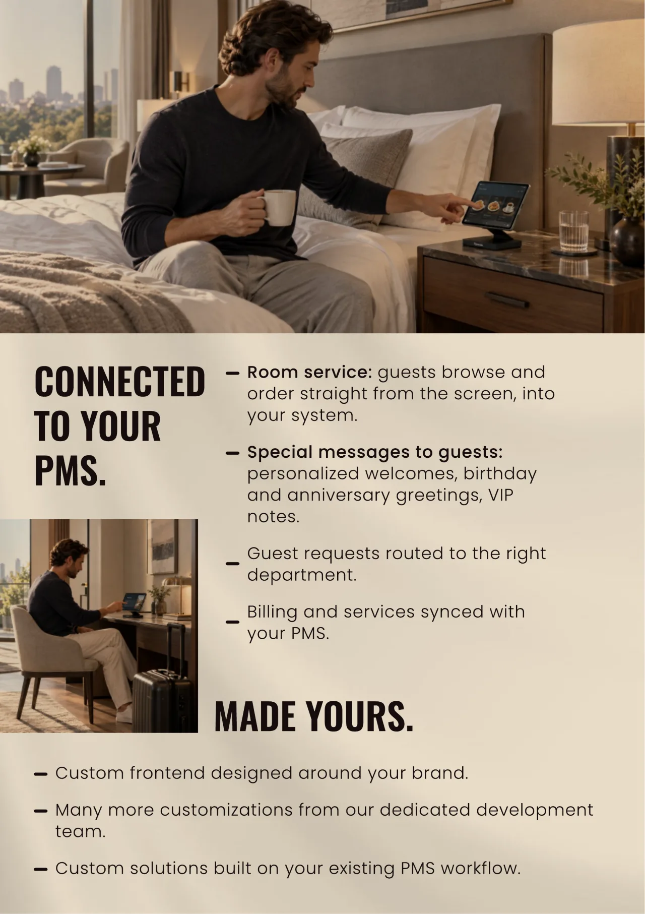 Connected to your PMS: a guest in bed with coffee using the nightstand display, and a guest working at a desk.