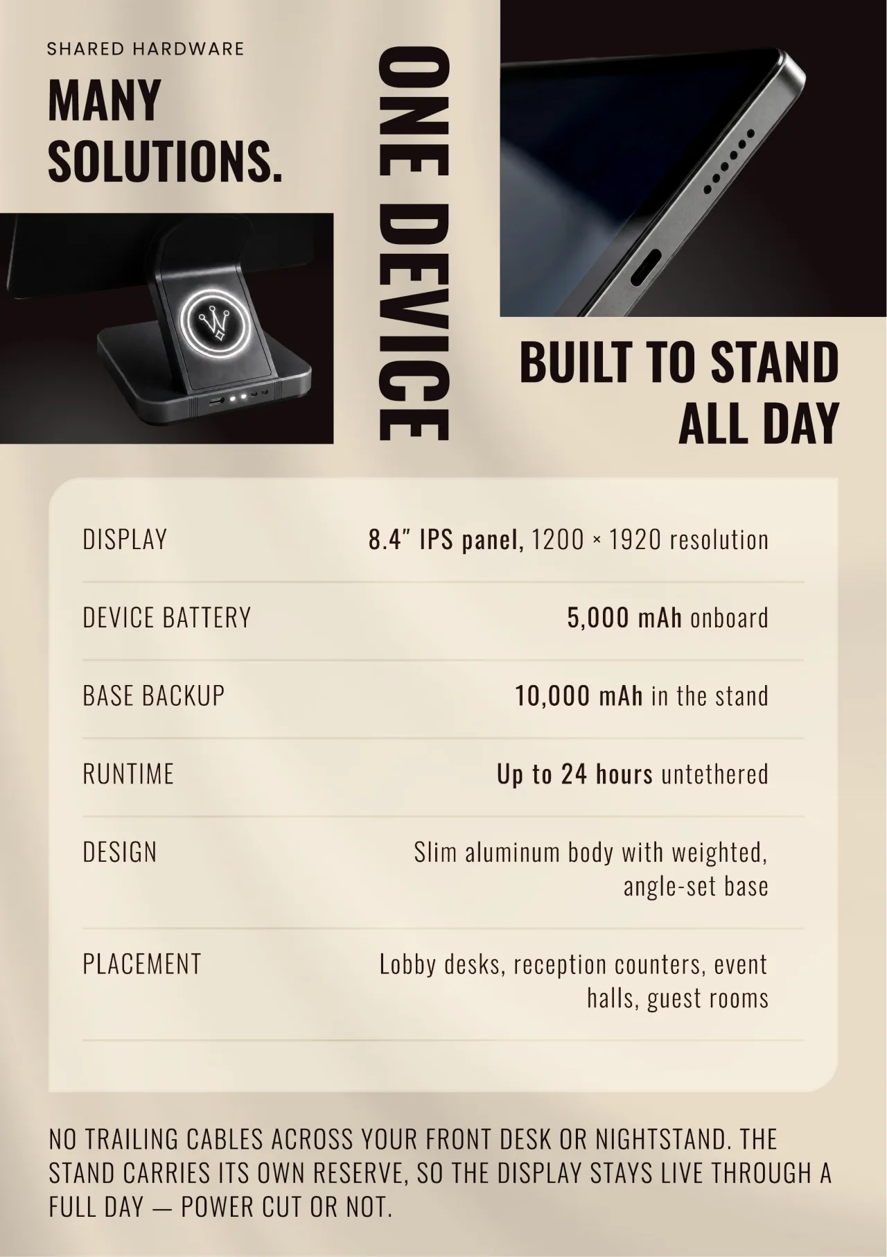 One device, many solutions: the Formula stand with its illuminated crown emblem, and a close-up of the tablet's aluminium edge, above a table of specifications.