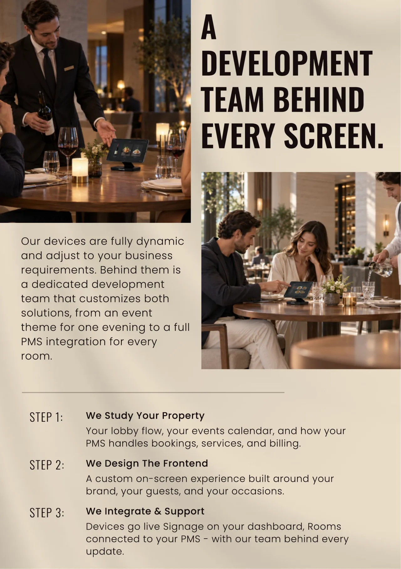 A development team behind every screen: a sommelier pouring wine at a set table, and a couple dining, each beside a Formula display.