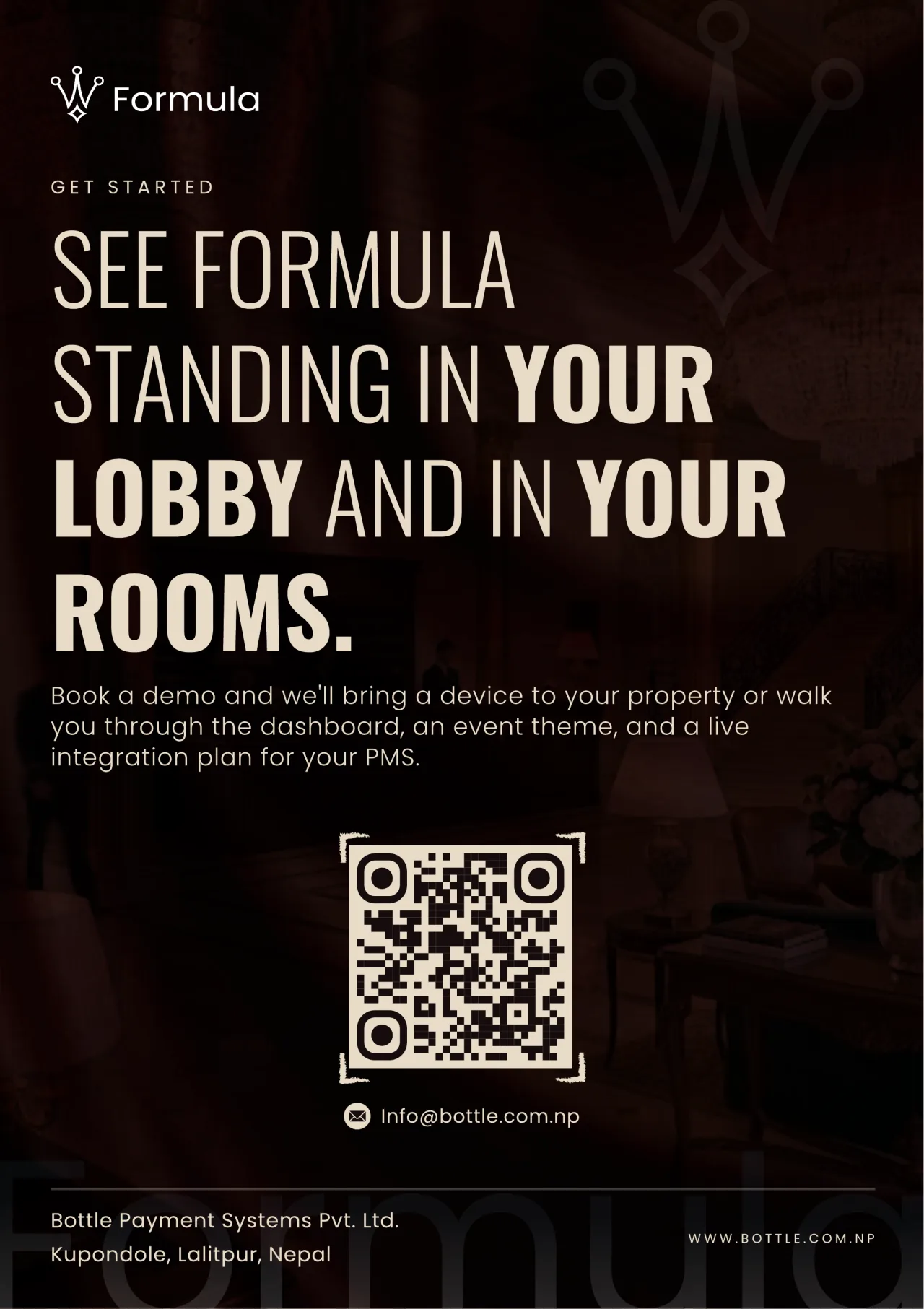Get started: a QR code to book a demo, over a darkened photograph of a hotel interior.