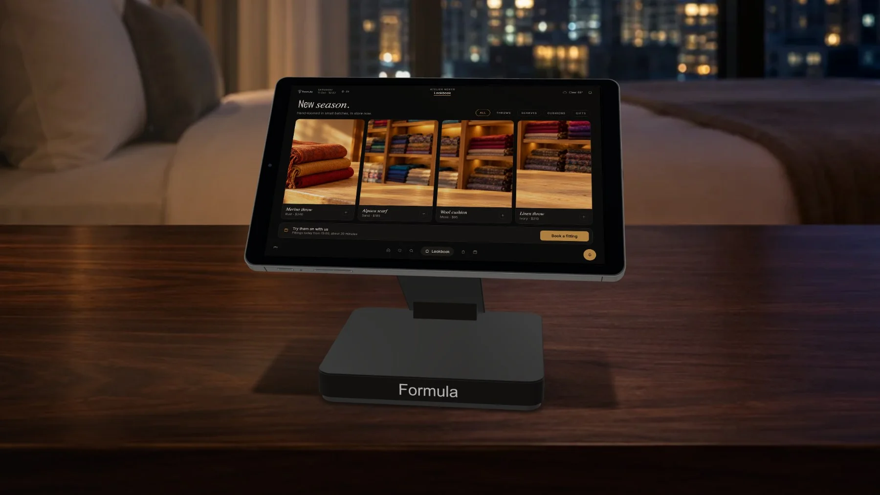 Formula showing a retail lookbook app with new-season products and fitting bookings