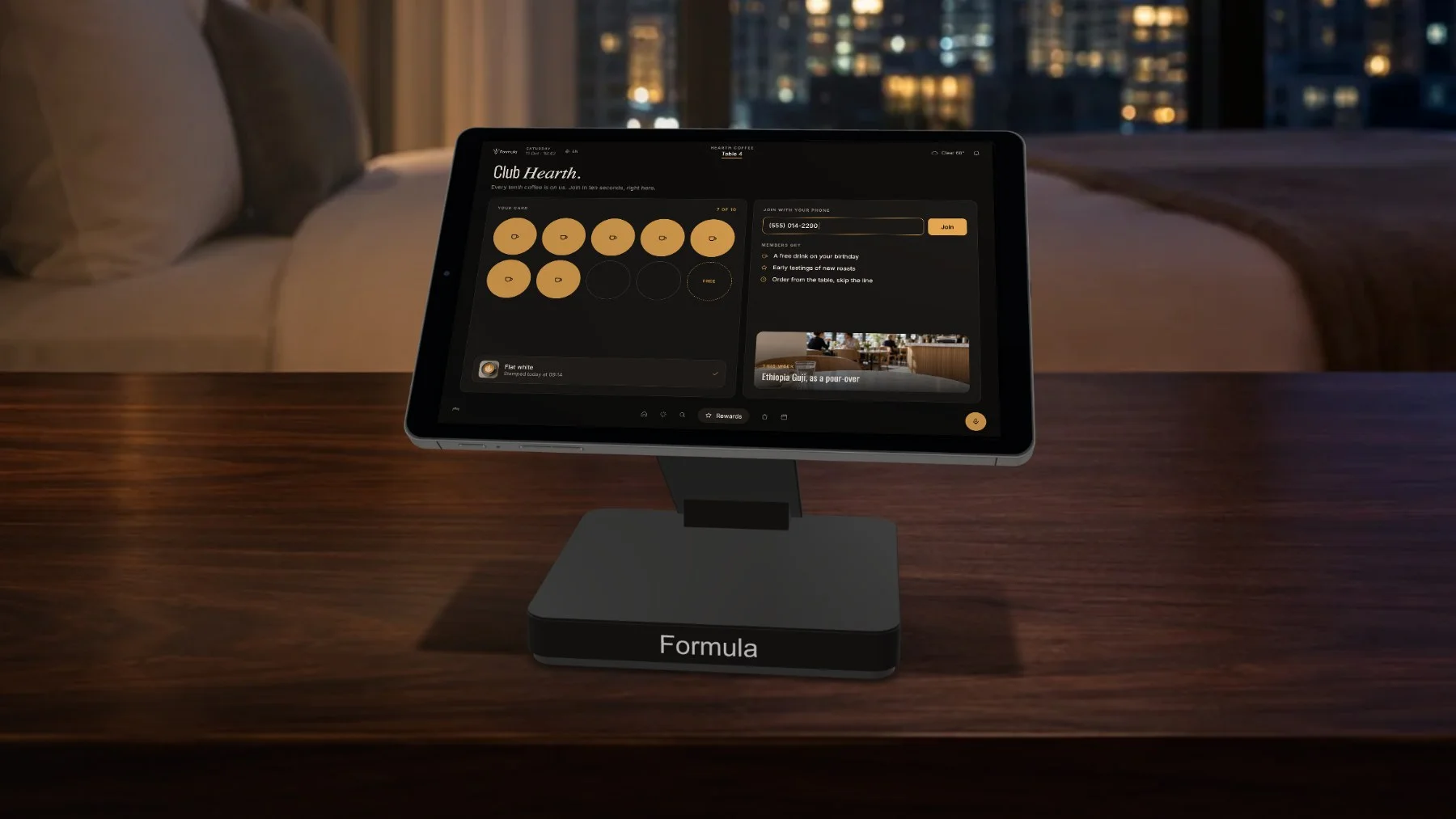 Formula showing a café loyalty app with a stamp card and a phone sign-up