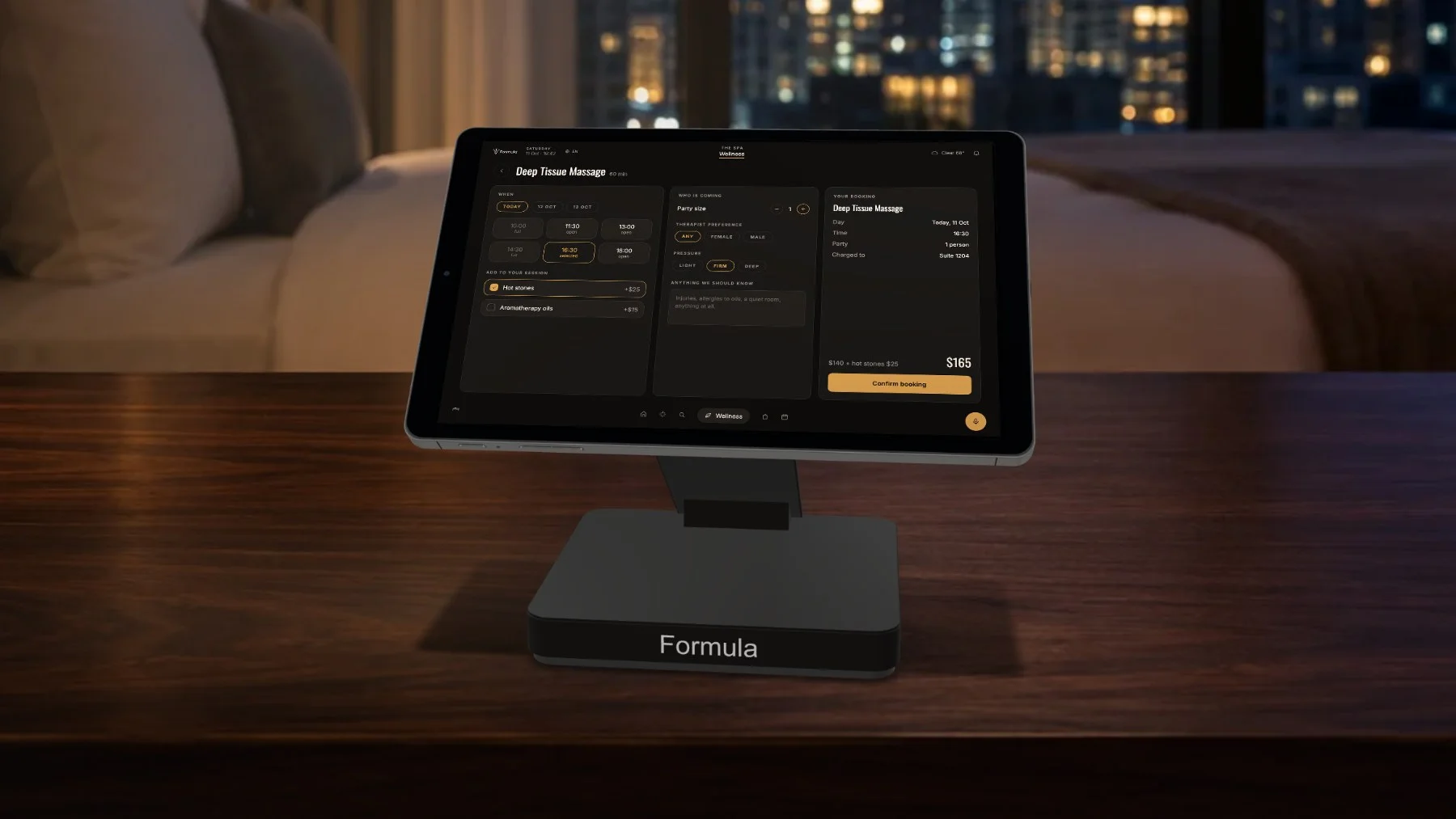 Formula showing a spa booking app with time slots, preferences and a booking summary