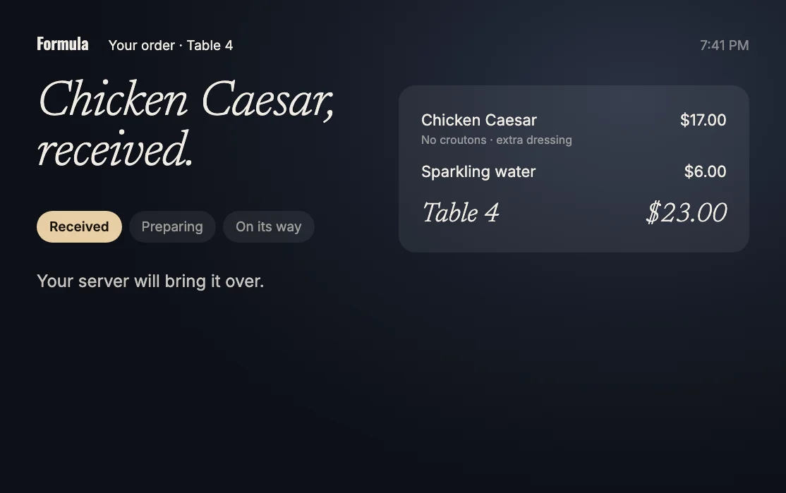 Formula order screen at table 4 confirming a Chicken Caesar, no croutons with extra dressing, and a sparkling water