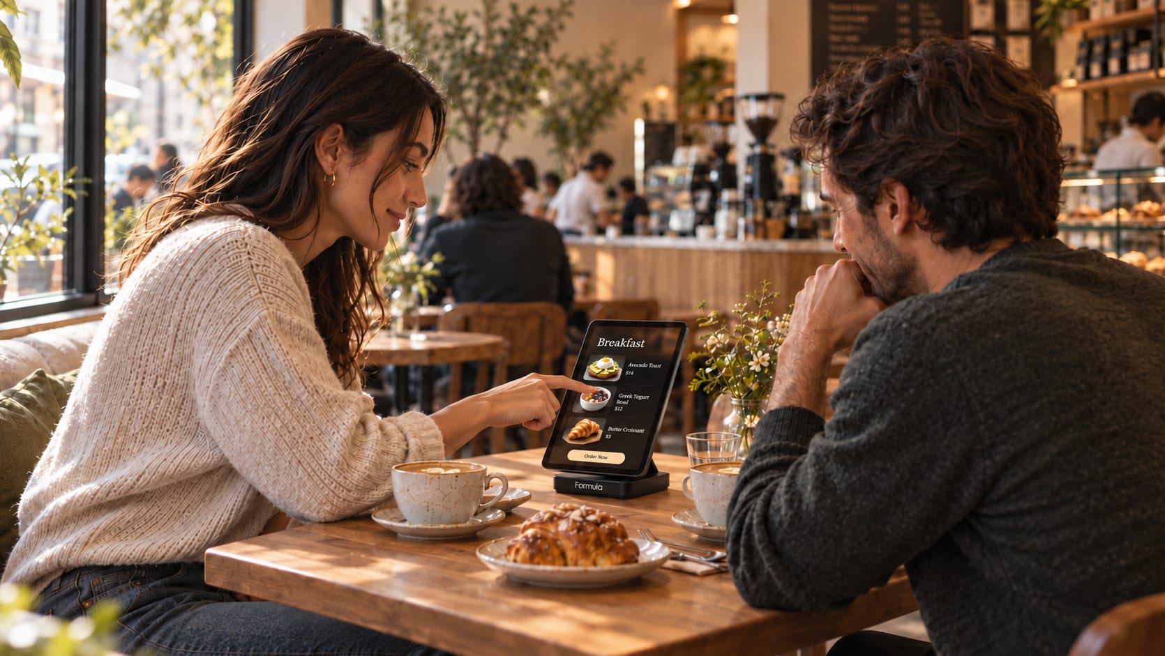 A couple at a café table, one choosing breakfast on Formula